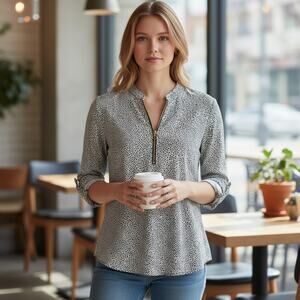 Michael Kors Gold Metal Zip V-Neck Roll Up Long Sleeve Blouse M 6-10